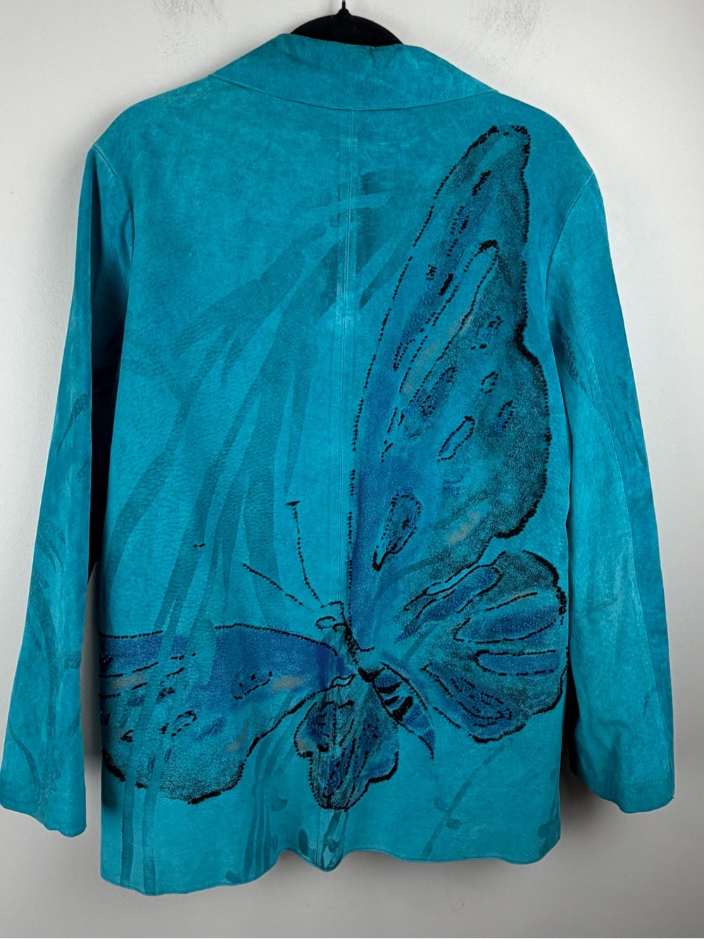VTG CHICO’S DESIGN 100% SUEDE LEATHER TURQUOISE BUTERFLY EMBELLISHED JACKET SZ 2